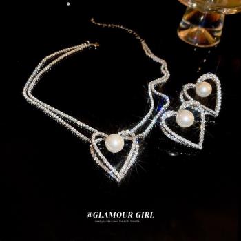 銀針珍珠鏤空雙層愛心耳環個性設計潮流風耳釘鑲鉆創意耳飾女