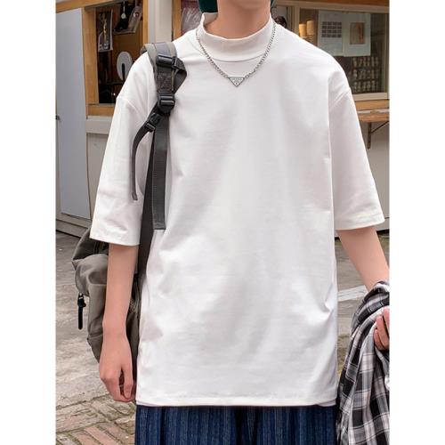 男生t恤短袖夏季潮流學生男裝2025新款港風純色小高領上衣打底衫