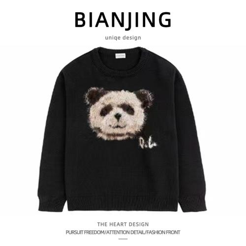 秋冬立體卡通毛絨熊貓針織線衫男潮圓領套頭高街嘻哈百搭帥氣潮流