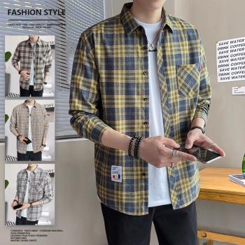 休閑長袖上衣服男式秋天格子襯衫
