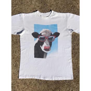 街頭潮流vintage復古阿美咔嘰奶牛短袖創意趣味男女小領口百搭T恤
