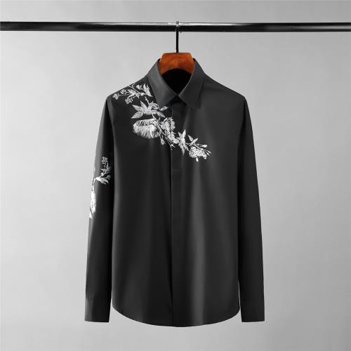 噴墨花卉印花春季男士休閑襯衣男裝潮流帥氣長袖修身時尚黑襯衫男