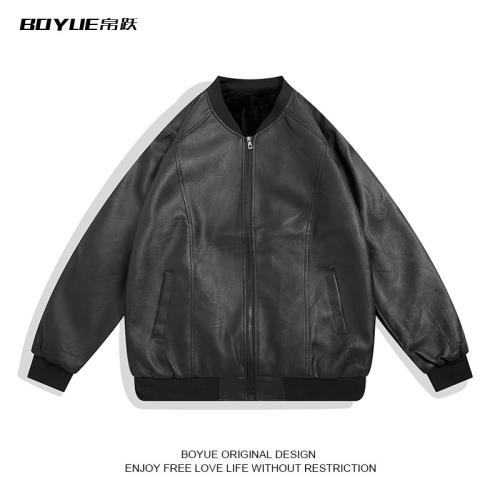 BOYUE帛躍港風休閑機車服夾克皮衣男寬松春秋季加絨外套潮流個性