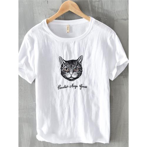 貓咪t恤男短袖刺繡圖案潮流寬松棉麻衣服男夏季貓頭男士亞麻半袖