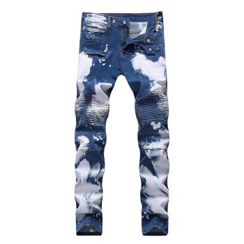 jeans褶皺洗水藍白機車牛仔褲