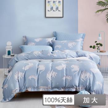 【貝兒居家生活館】100%天絲四件式兩用被床包組 (加大雙人/慵懶貓咪藍)