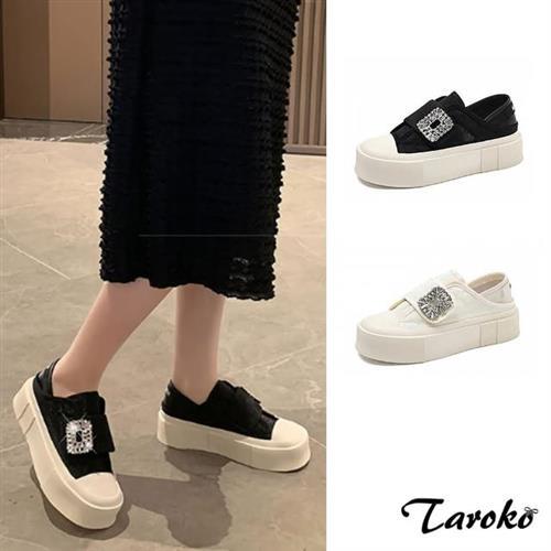 Taroko 甜中帶酷全真牛皮透氣網布閃鑽厚底休閒鞋(2色可選)