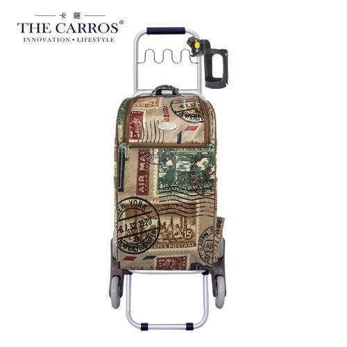 【THE CARROS 卡蘿】30L三輪波浪掛勾折疊款購物車-紀念郵票+360度多功能行動杯架
