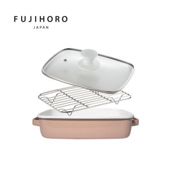 【富士琺瑯FUJIHORO】雙耳琺瑯烘焙保鮮盒淺型1.6L-粉+玻璃蓋+不鏽鋼網架
