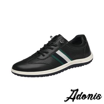 【Adonis】休閒鞋 真皮休閒鞋/全真皮頭層牛皮撞色織帶造型透氣縷空沖孔休閒鞋- 男鞋 黑
