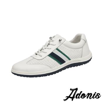 【Adonis】休閒鞋 真皮休閒鞋/全真皮頭層牛皮撞色織帶造型透氣縷空沖孔休閒鞋- 男鞋 白
