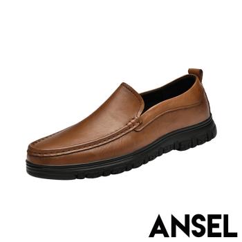 【ANSEL】樂福鞋 休閒樂福鞋 /真皮頭層牛皮百搭縫線時尚休閒樂福鞋- 男鞋 棕