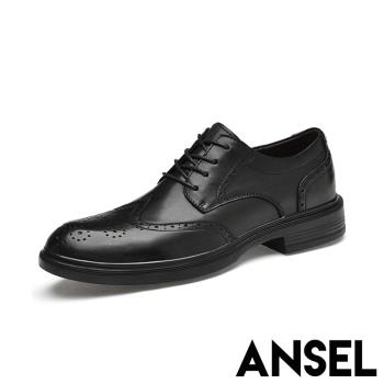 【ANSEL】皮鞋 繫帶皮鞋 /真皮頭層牛皮復古布洛克雕花繫帶商務皮鞋- 男鞋 黑
