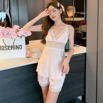 【米蘭精品】睡衣吊帶睡裙居家服-蕾絲性感冰絲女休閒服2色74fc40