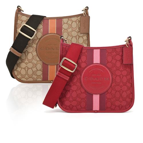 COACH 圓標大LOGOX條紋配色緹花斜背包(多色選)