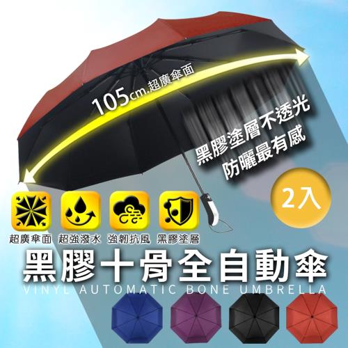 【樂邦】12骨自動開收抗風黑膠雨傘(2入)