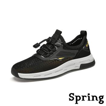 【SPRING】運動鞋 休閒運動鞋 /透氣飛織網面拼接束帶休閒運動鞋 - 男鞋 黑