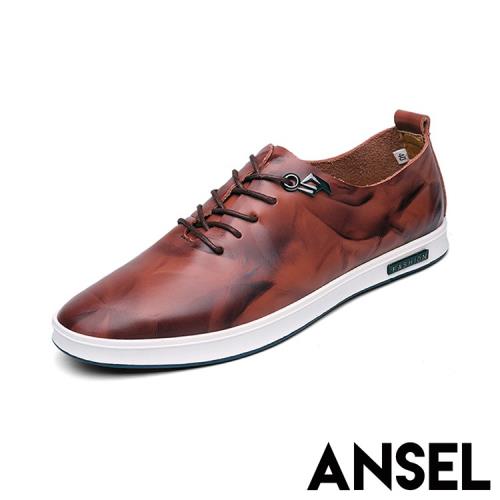 【ANSEL】休閒鞋 繫帶休閒鞋/真皮復古拼接百搭時尚繫帶休閒鞋- 男鞋 棕