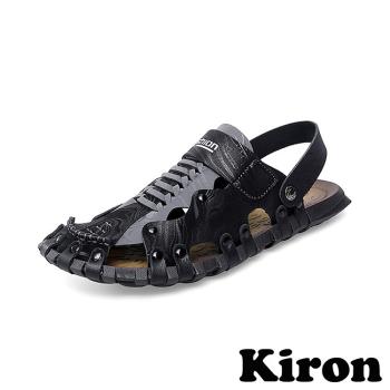 【KIRON】拖鞋 涼鞋/兩穿法設計縷空編織飾帶造型涼拖鞋- 男鞋 黑