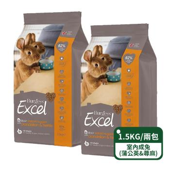 【英國伯爵Burgess】新版Excel-室內成兔專用飼料(蒲公英&蕁麻)1.5KG/包;兩包組