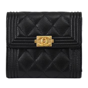 CHANEL A80734 BOY系列 菱格牛皮霧金釦三折短夾.黑