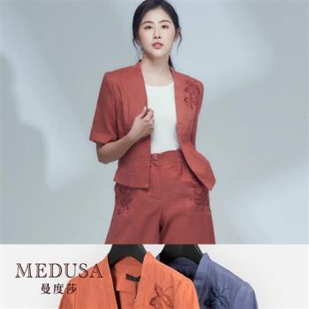 現貨【MEDUSA 曼度莎】亞麻刺繡短袖開襟外套 - 2色（M-XL）｜女罩衫 外套 涼感外套