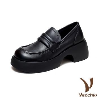 【VECCHIO】樂福鞋 粗跟樂福鞋/全真皮頭層牛皮寬楦舒適厚底粗跟復古樂福鞋 黑
