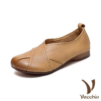 【VECCHIO】跟鞋 低跟鞋/全真皮頭層牛皮舒適圓頭復古交叉設計低跟鞋 黃