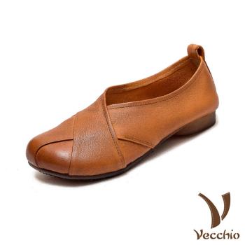【VECCHIO】跟鞋 低跟鞋/全真皮頭層牛皮舒適圓頭復古交叉設計低跟鞋 棕