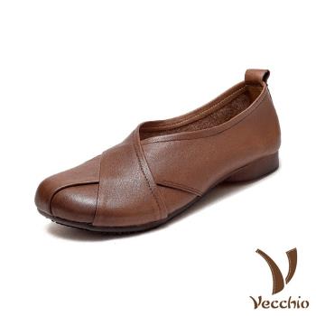 【VECCHIO】跟鞋 低跟鞋/全真皮頭層牛皮舒適圓頭復古交叉設計低跟鞋 咖
