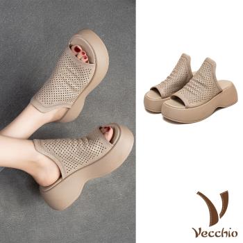 【VECCHIO】拖鞋 坡跟拖鞋/全真皮頭層牛皮透氣沖孔深口厚底坡跟拖鞋 米