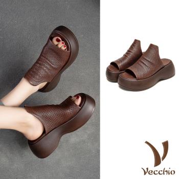 【VECCHIO】拖鞋 坡跟拖鞋/全真皮頭層牛皮透氣沖孔深口厚底坡跟拖鞋 棕
