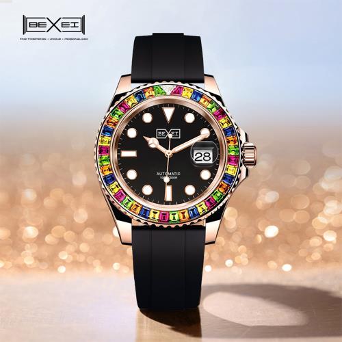 【BEXEI】 貝克斯 運動潛水彩虹賓果繽紛活力自動機械錶-9172