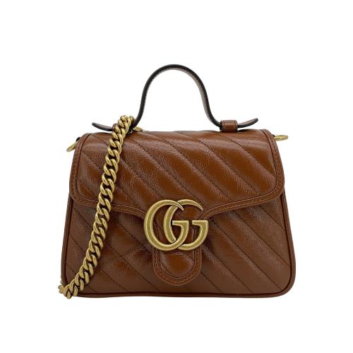 Gucci 展示品Marmont mini 仿舊金雙G牛皮二用包(583571-焦糖棕)|會員獨