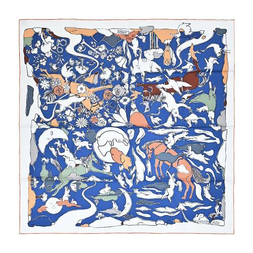 Hermes 愛馬仕 Mille et Un Lapins 90手工捲邊斜紋真絲方巾(白/海軍藍/卡其)