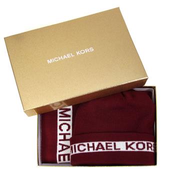 MICHAEL KORS 紅白字母毛線帽/圍巾禮盒組(酒紅色)