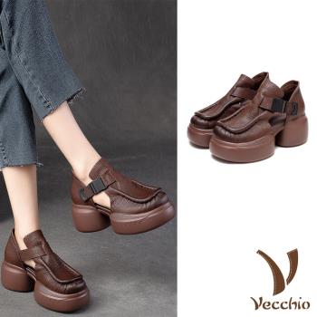 【VECCHIO】休閒鞋 厚底休閒鞋/全真皮頭層牛皮舒適寬楦立體方頭釦帶縷空鬆糕厚底休閒鞋 棕