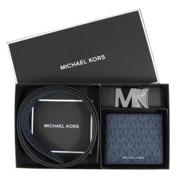 MICHAEL KORS 滿版短夾+MK頭皮帶禮盒組 (海軍藍色)