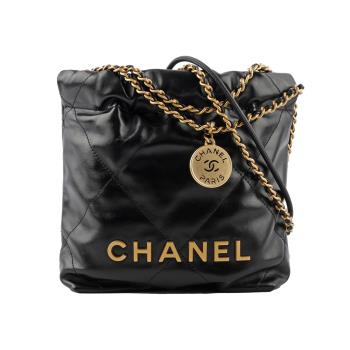 CHANEL 新款22 Bag 金字菱格紋亮面小牛皮迷你斜揹包(黑色) AS3980 B08037 94305