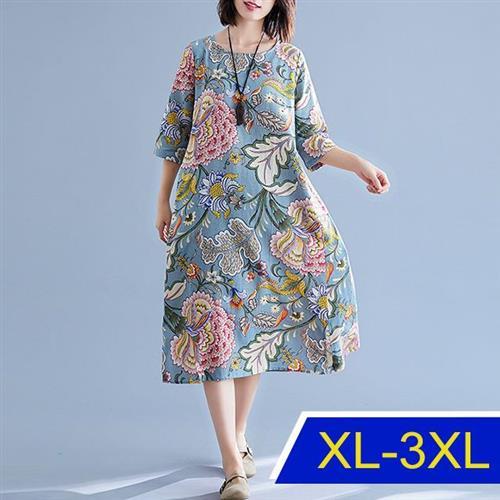 【韓國K.W.】亞麻透氣個性花洋裝(渡假風/苧麻/亞麻/輕薄)