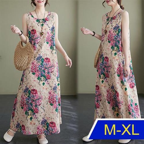 【韓國K.W.】清新花卉亞麻背心洋裝(渡假風/苧麻/亞麻/輕薄)