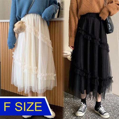【韓國K.W.】韓國玫瑰心語仙氣多層紗裙(長裙/鬆緊腰/顯瘦/中長裙/小香風)