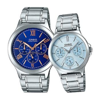 【CASIO 卡西歐】甜蜜浪漫 情侶對錶 三眼設計款 不鏽鋼錶帶 (MTP-V300D-2A + LTP-V300D-2A)