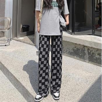 【米蘭精品】休閒褲闊腿長褲-冰絲高腰拼色棋盤格女褲子74fk36