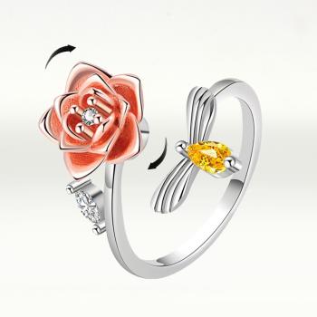 【I.Dear Jewelry】正白K-花語蜜蜂-韓國網紅款INS風花朵蜜蜂旋轉紓壓鑲鑽開口銀戒指(韓劇/轉運/靈動戒指)現貨