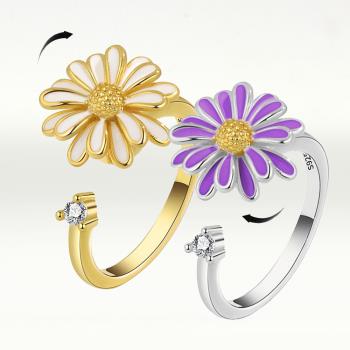 【I.Dear Jewelry】正白K-旋轉雛菊-韓國網紅款INS風花朵旋轉紓壓鑲鑽開口銀戒指(2色/韓劇/轉運/靈動戒指)現貨