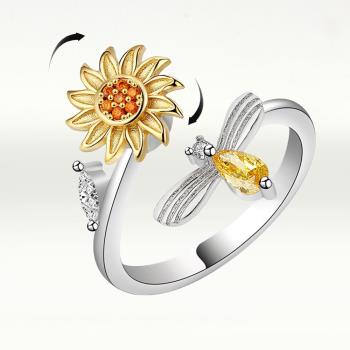 【I.Dear Jewelry】正白K-蜜蜂與花-韓國網紅款花朵旋轉紓壓鑲鑽開口銀戒指(韓劇/轉運/靈動戒指)現貨