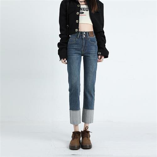 【米蘭精品】牛仔褲休閒長褲-高腰翻邊直筒煙管丹寧女褲子74fj8