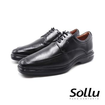Sollu 巴西專櫃 小方頭4孔縫線綁帶皮鞋-黑