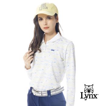 【Lynx Golf】女款吸濕排汗滿版亮色系線條球車果嶺圖樣印花長袖POLO衫-白色